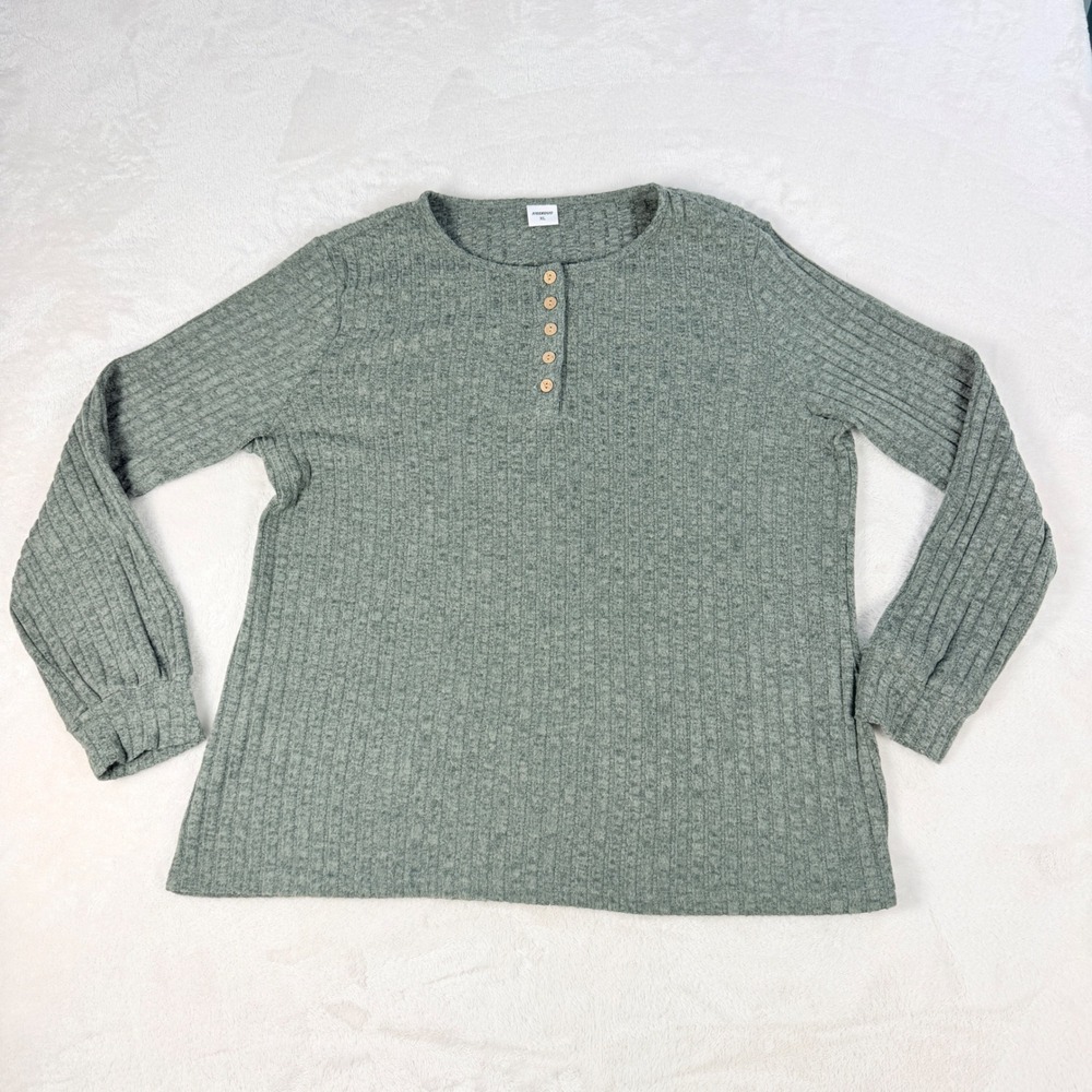 Xieerduo Ribbed Henley Top Womens XL Heather Green Long Sleeve Button Knit Cozy